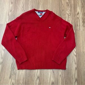 Vintage Tommy Hilfiger Men Size XL  Knit Sweater Pullover Red Cotton